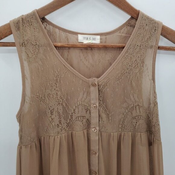 Taylor & Sage Womens Long Lace Button Front Tank Top Size XS Brown Sheer Boho - Picture 9 of 14